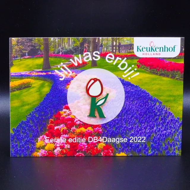 Keukenhof K met tulp Pins op een gift card, Logo speldje