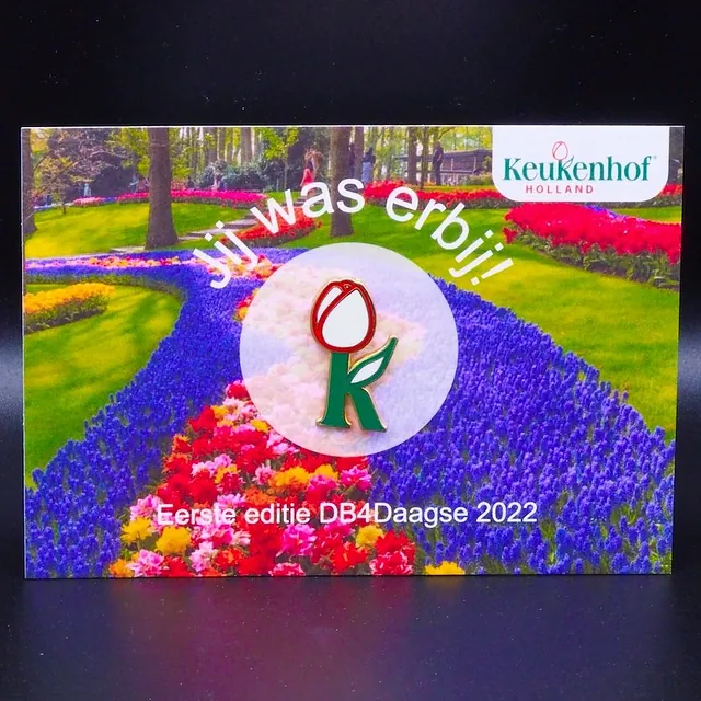 Keukenhof K met tulp Pins op een gift card, Logo speldje