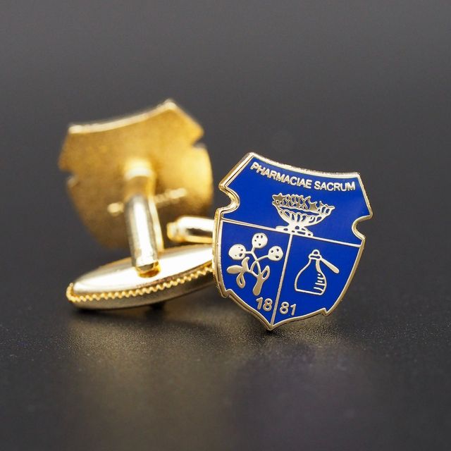 Koper Warm Geëmailleerde Manchetknopen schild vorm Pharmaciae Sacrum, blauw met goud verguldsel logo
